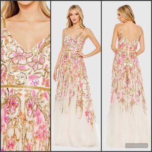 MAC DUGGAL 5671 Beige V Neck Floral Embellished Spaghetti Strap Gown Dress